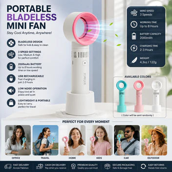 Imported : Portable Bladeless Rechargeable Mini Hand Fan – 3 Speed USB Cooling Fan with 2000mAh Battery