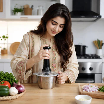 Manual Push Vegetable Chopper with stainless steel bowl for onions, vegetables, garlic and fruits by STORIYO